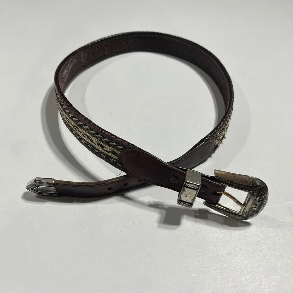 VTG Western Horsehair Inlay Leather Belt Brown Silver Engraved Buckle Mens 34
